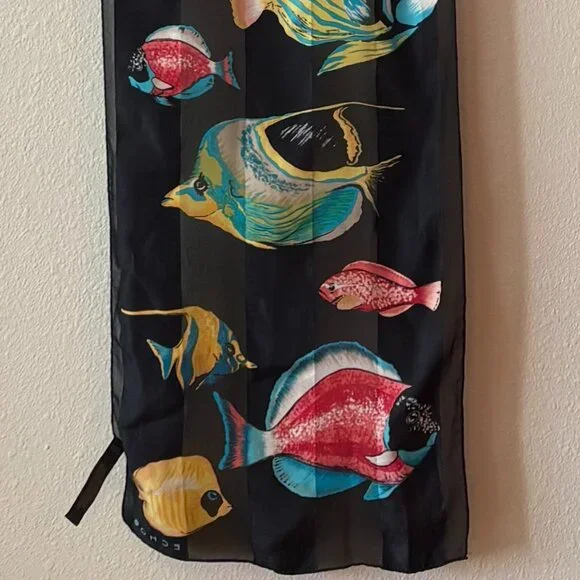 Echo 100% Silk Scarf Black Tropical Colorful Fish Print Fish Design Bright Color - Picture 6 of 9